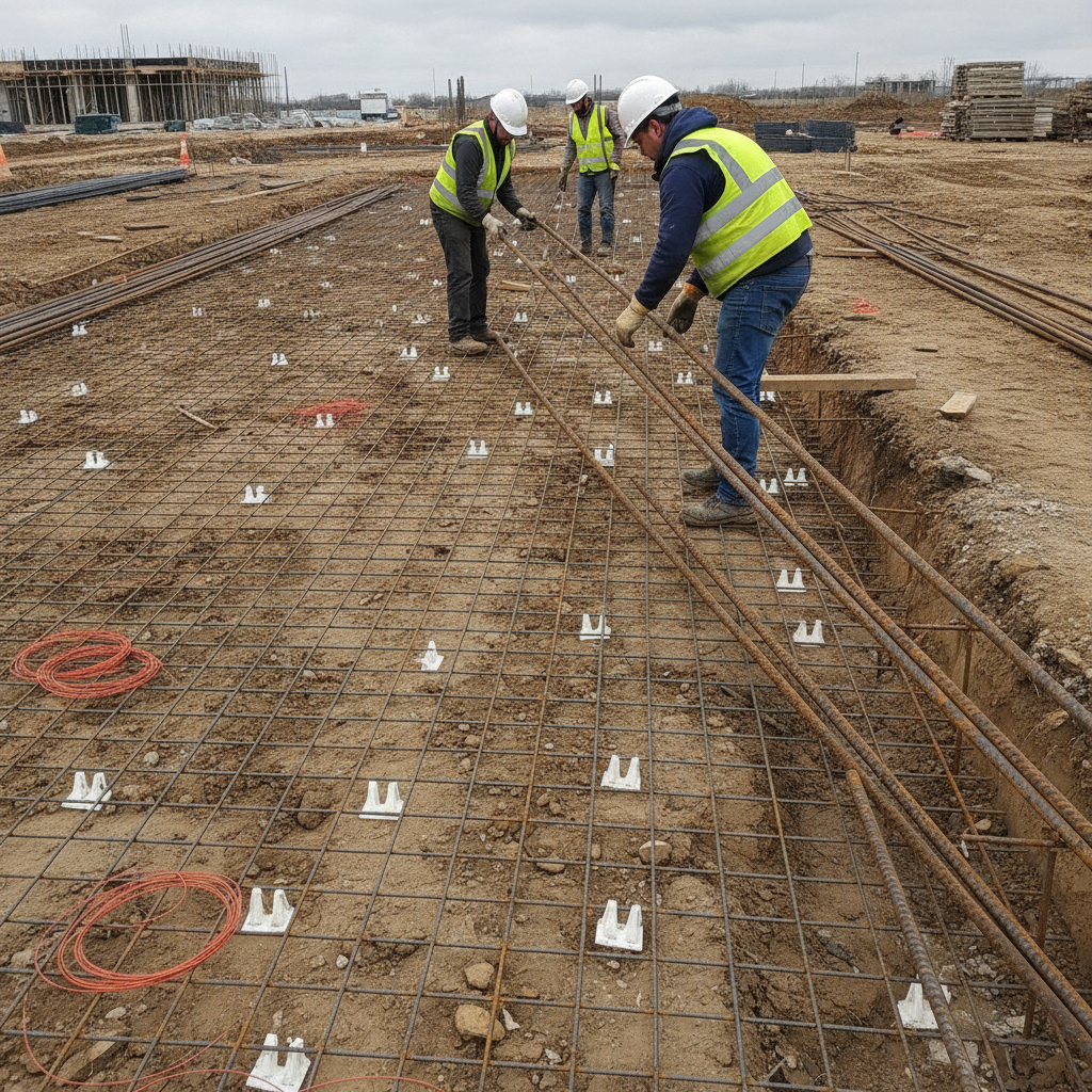 Ironworkers placing 15M rebar and welded wire mesh on a slab, staged by a Woodbridge rebar supplier for continuous placement