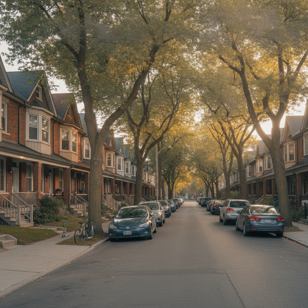 Quiet Toronto neighborhood street with semi-detached houses, part of a home buying checklist tour route