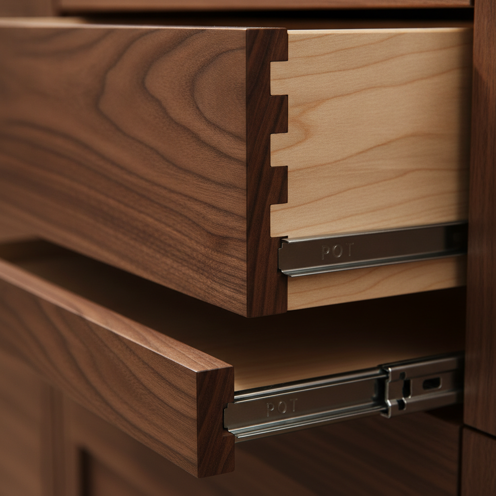 Bespoke Cabinets: Save Space & Love Your Home in 2026 1 Close-up of bespoke cabinet drawer with dovetail joints and soft-close slides, showcasing custom cabinetry craftsmanship and finish quality