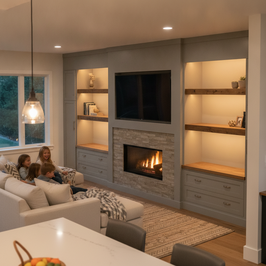 Bespoke Cabinets: Save Space & Love Your Home in 2026 2 Living room media wall with bespoke built-in cabinetry, floating shelves, and concealed wire management for a clean custom look