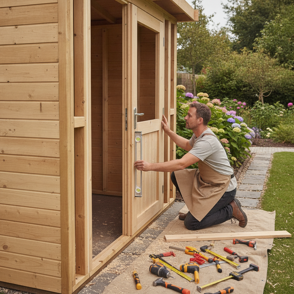 Side-angle view of a carpenter aligning a pre-hung door on a wood-framed garden shed for accurate fit and smooth operation