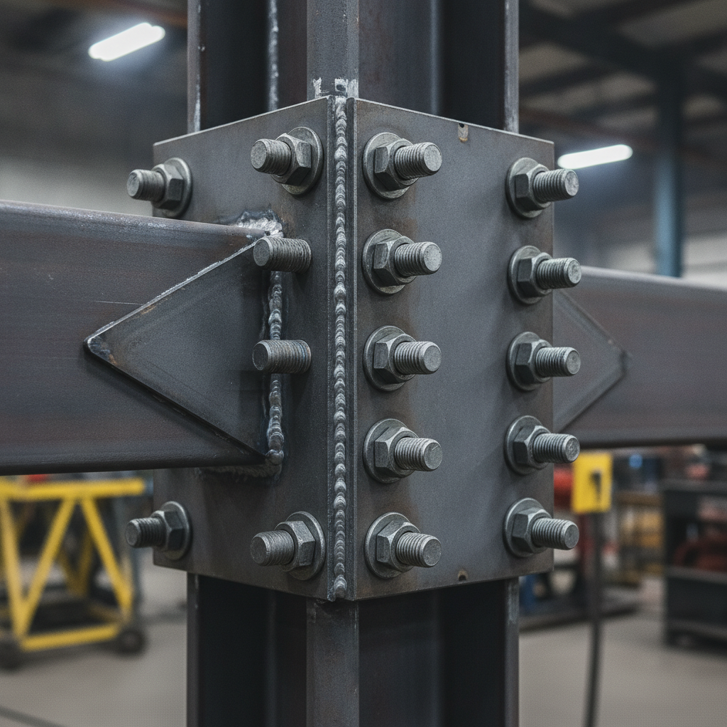 Close-up of a structural steel bolted moment connection with gusset plate and high-strength bolts