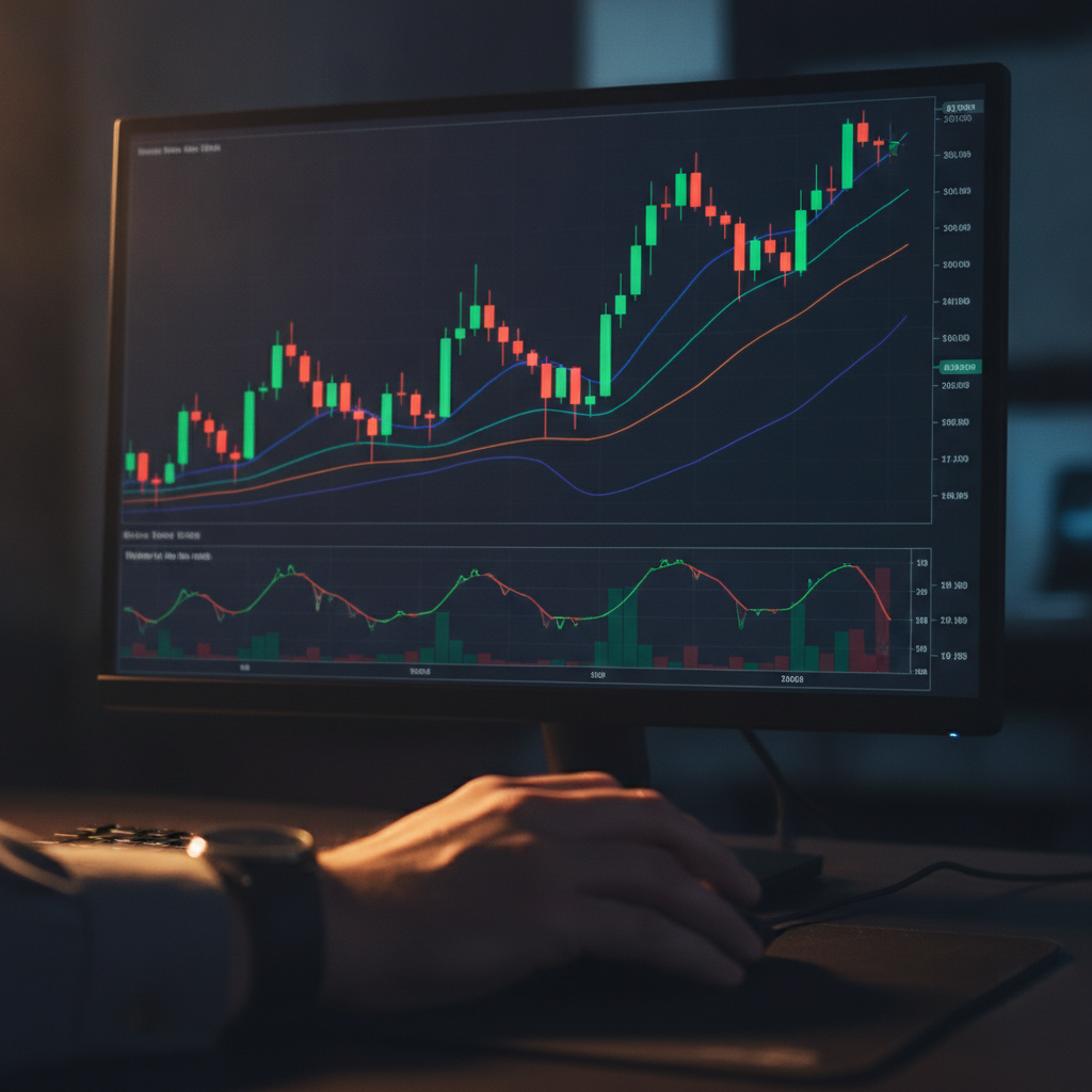 Close-up candlestick chart with moving averages and RSI, illustrating technical analysis for stock market education