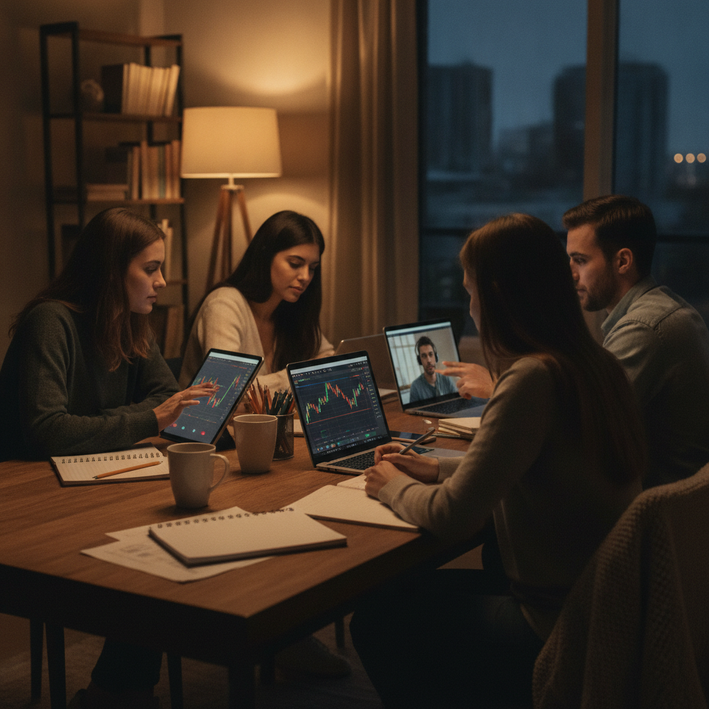 Small study group on a video call reviewing stock charts and practicing a daily trading routine