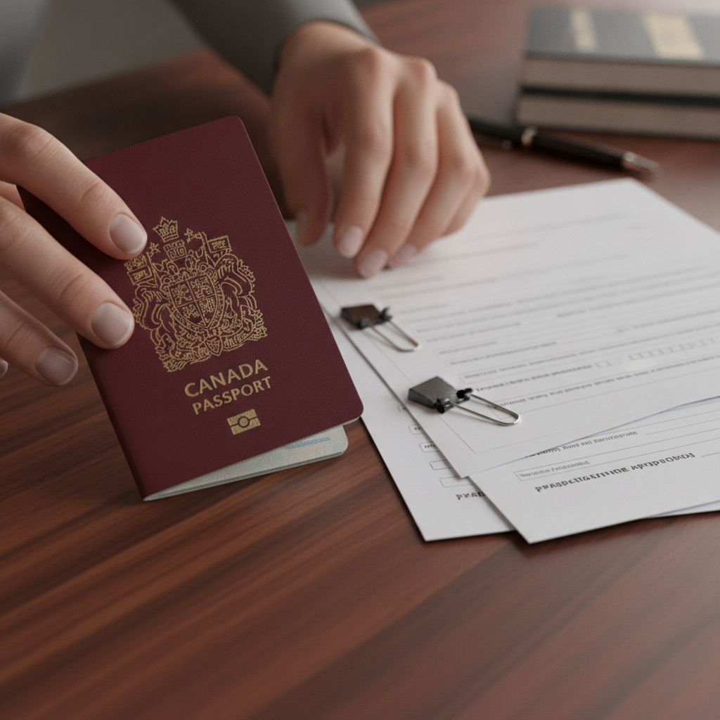 Close-up of Canadian passport and blank forms prepared for an immigration lawyer free consultation in Etobicoke