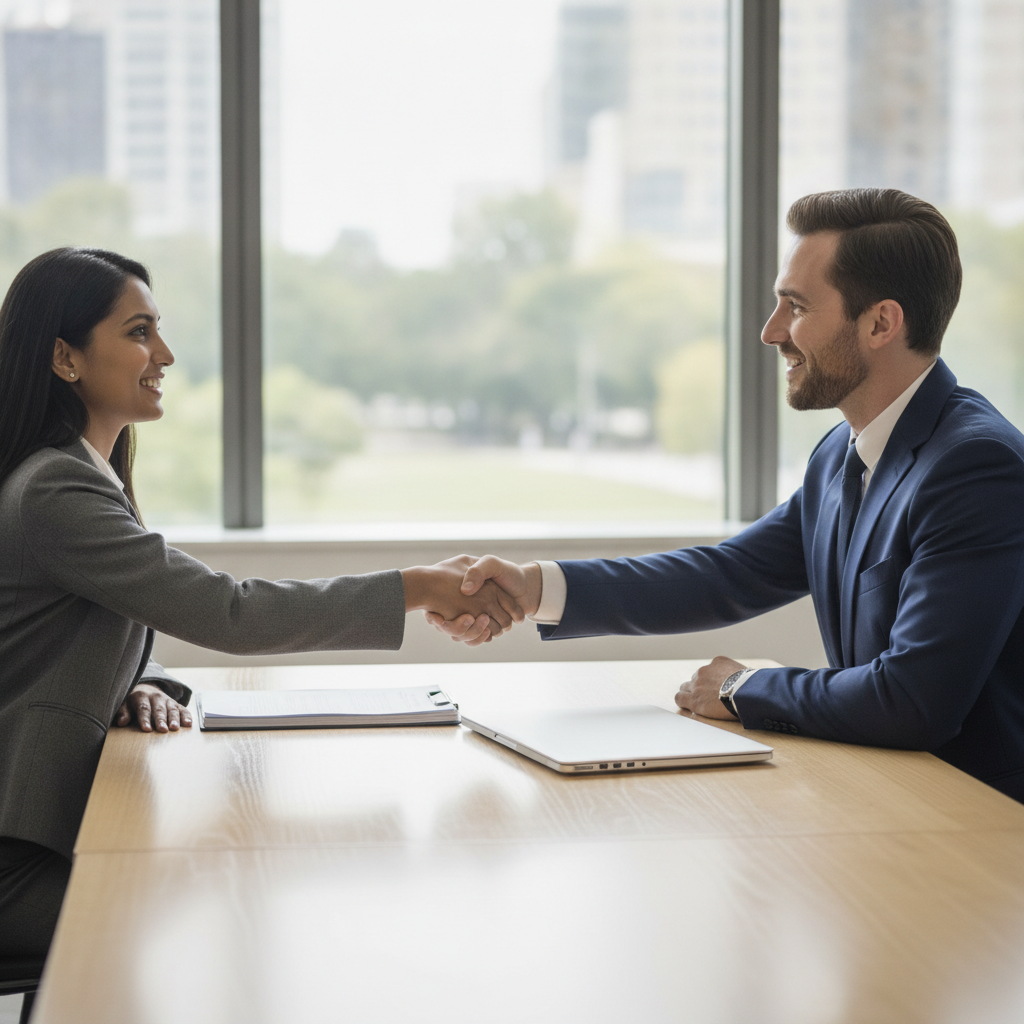 Client shaking hands with immigration lawyer after a focused free consultation in Etobicoke