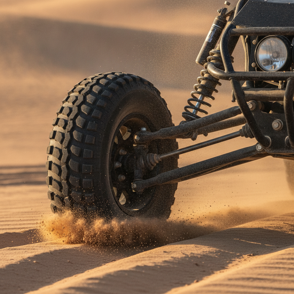Close-up of dune buggy suspension compressing in sand during Dubai dune buggy tours, showing tire tread, shocks, and control arms