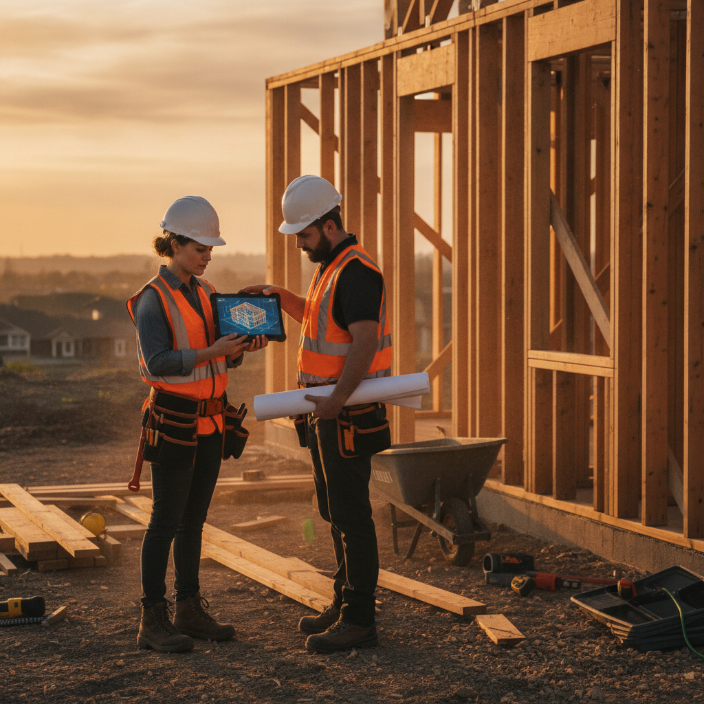 Construction professionals reviewing a partially framed house to validate site assumptions used in residential estimating
