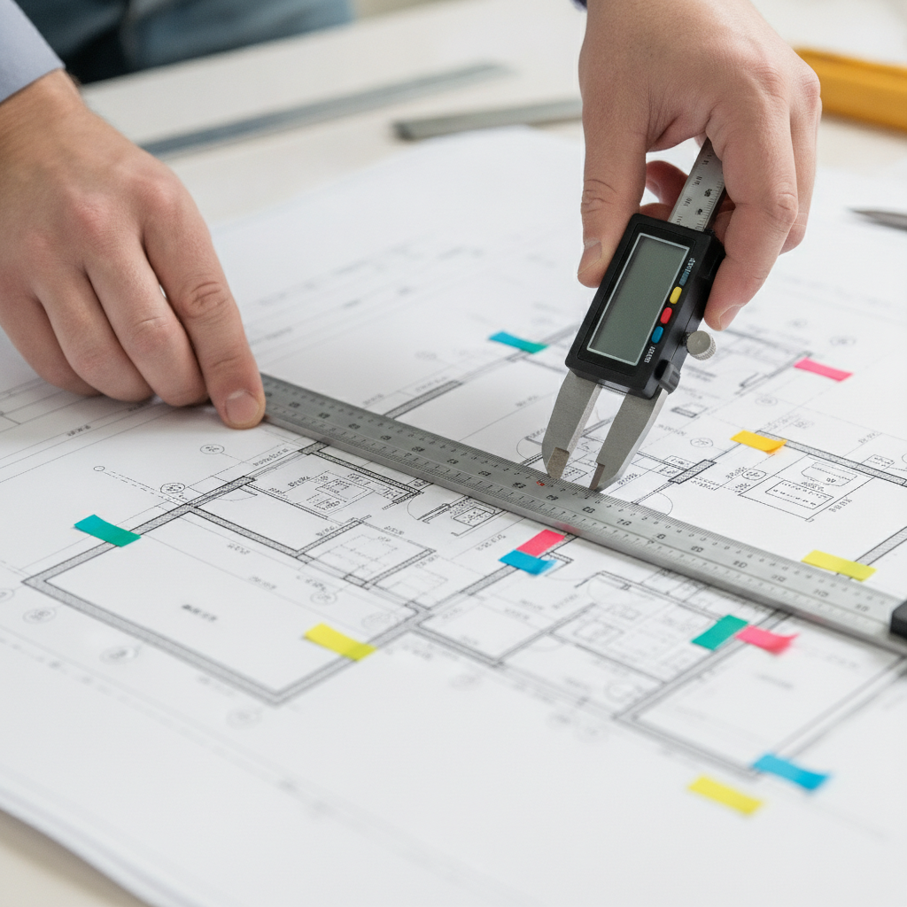 Close-up quantity takeoff tools measuring house plans for residential construction estimating services