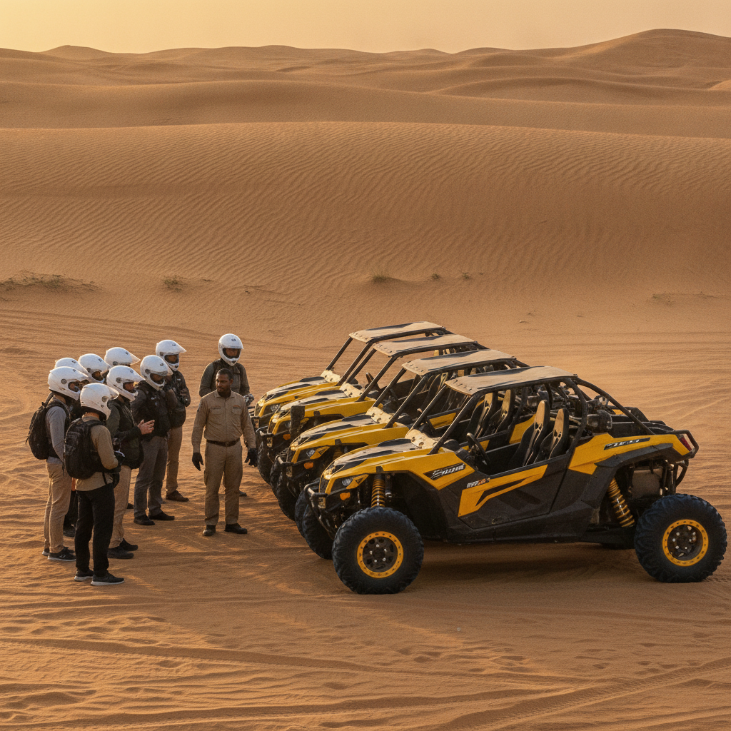 Small group receiving a safety briefing beside parked buggies before a Dubai dune buggy tour in the desert