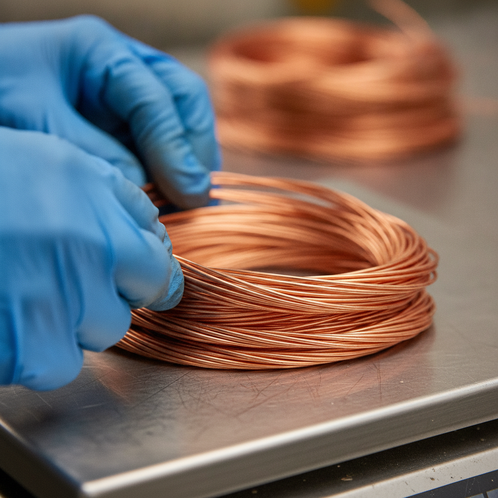 Close-up of bright copper wire bundles on a scale at an Etobicoke copper scrap yard, showing clean, stripped strands ready for recycling