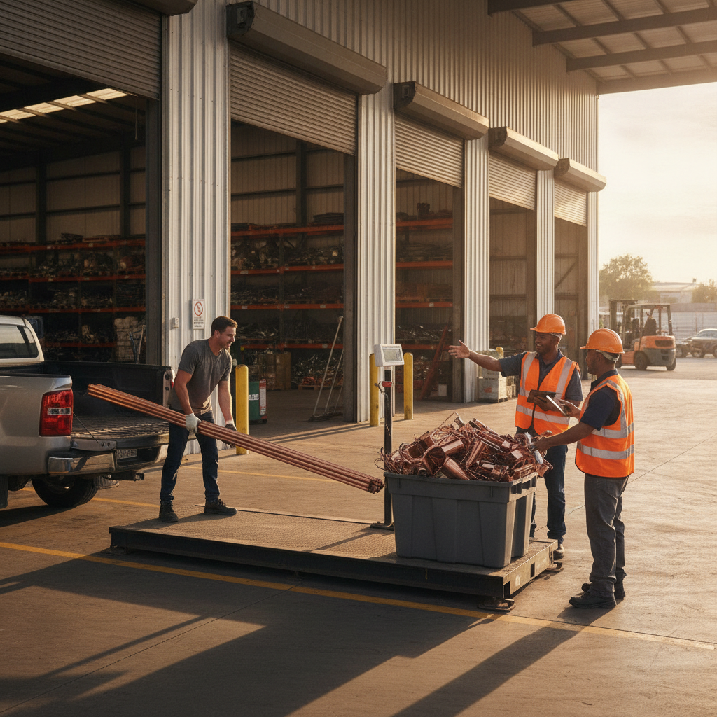 Customer unloading copper pipes at an Etobicoke copper scrap yard drop-off area with staff assisting and open bay doors
