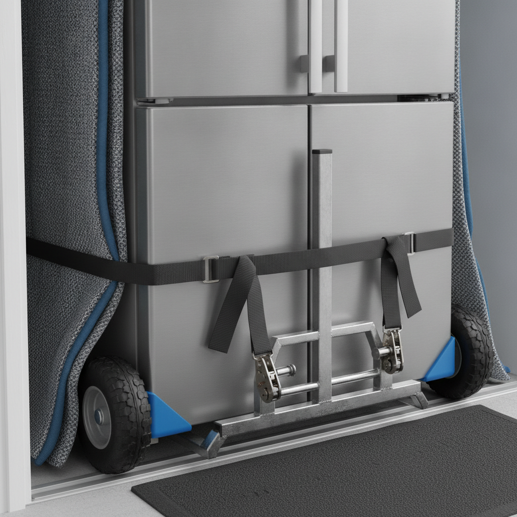 Close-up of appliance dolly, straps, corner protectors, and moving blankets securing a refrigerator — appliance moving tips detail