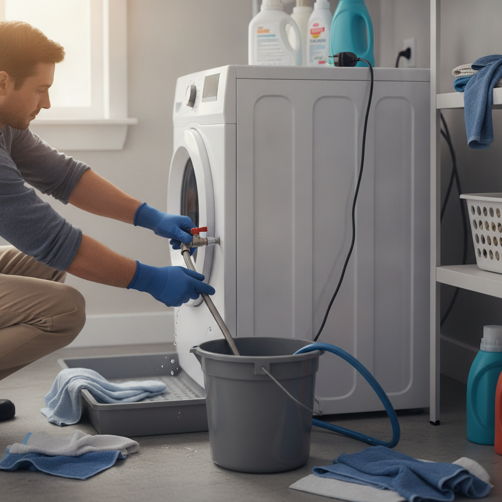Side-angle view of disconnecting a washing machine: hands turning valves, hoses draining to a bucket — safe appliance moving prep