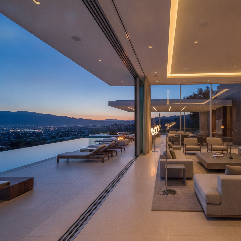 Great room opening to an outdoor terrace and infinity pool in a contemporary luxury mansion, illustrating indoor–outdoor living