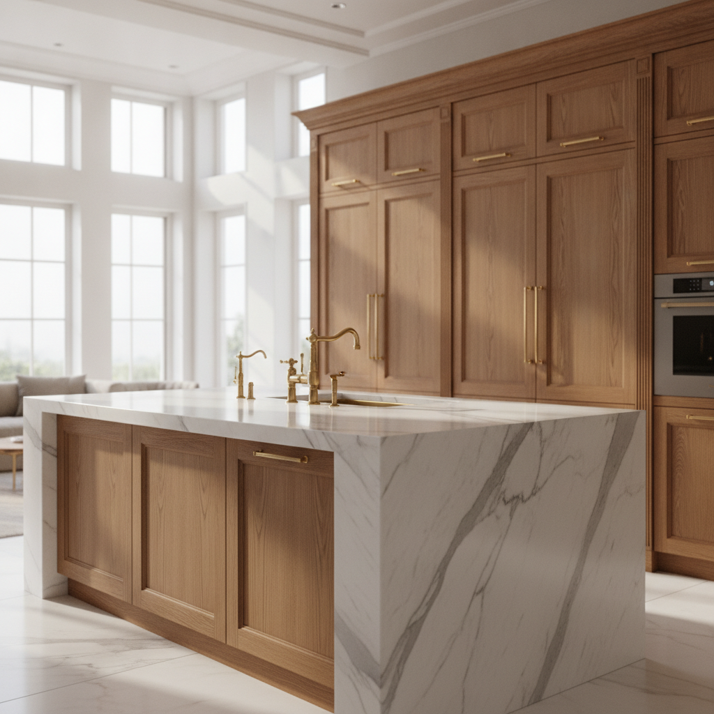 Detail view of a luxury mansion kitchen with marble island and brass fixtures, illustrating craftsmanship and finishes common in luxury mansions