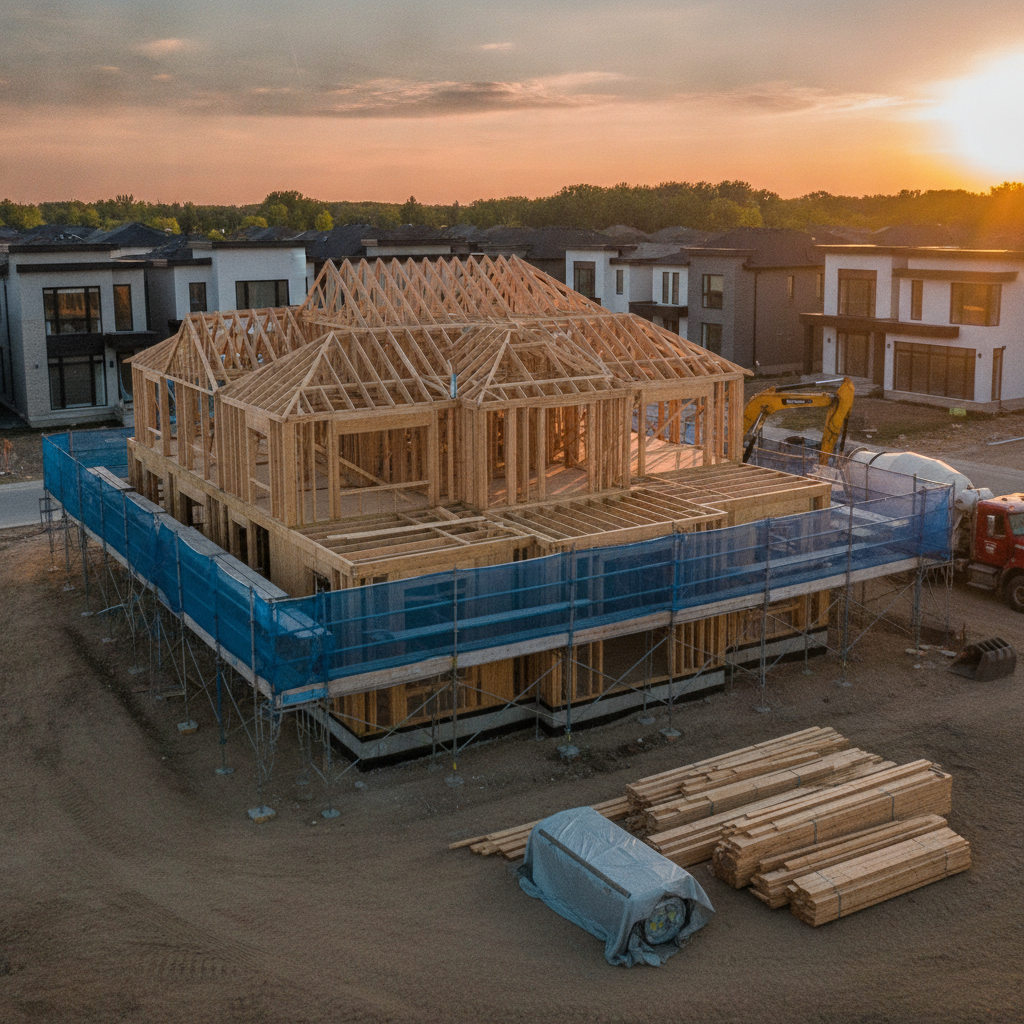 Featured image: custom home construction in Mississauga with wood framing and trusses for a custom home construction loan context