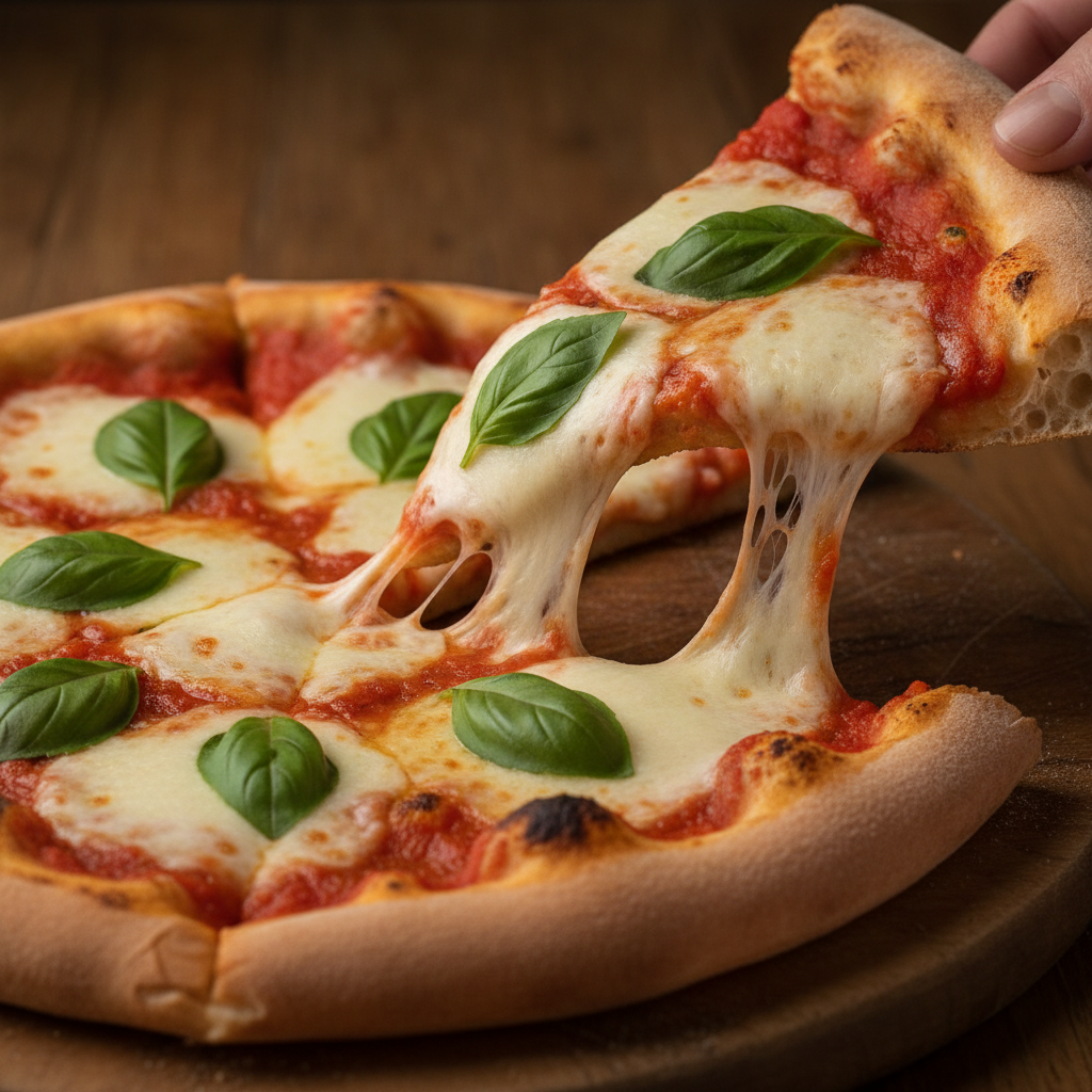 Close-up of Margherita pizza slice with melted mozzarella, tomato sauce, and basil—our top pick among the top 10 Italian dishes for Kemptville delivery