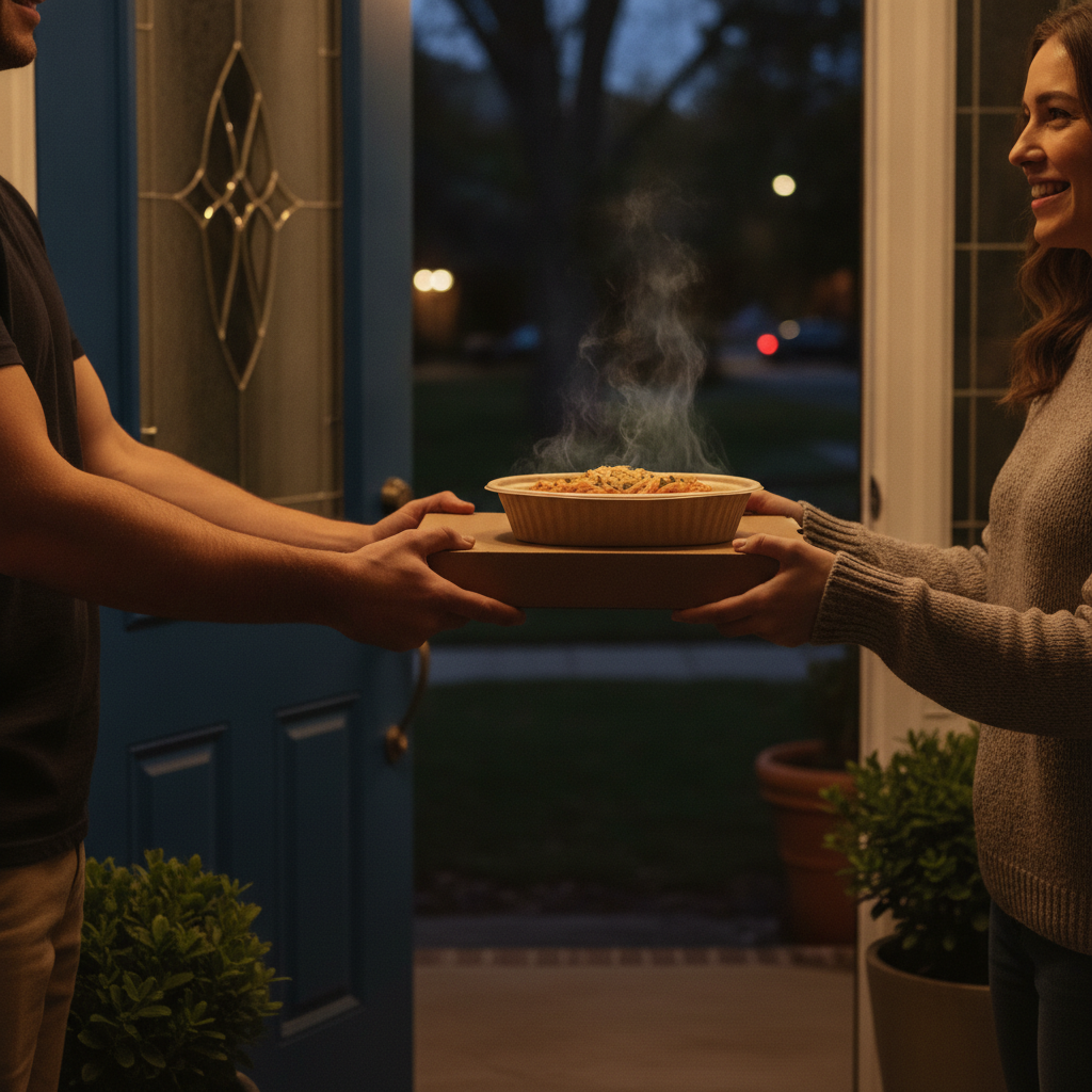 Italian takeout handoff at a Kemptville doorstep—pizza box and pasta container ready for delivery night