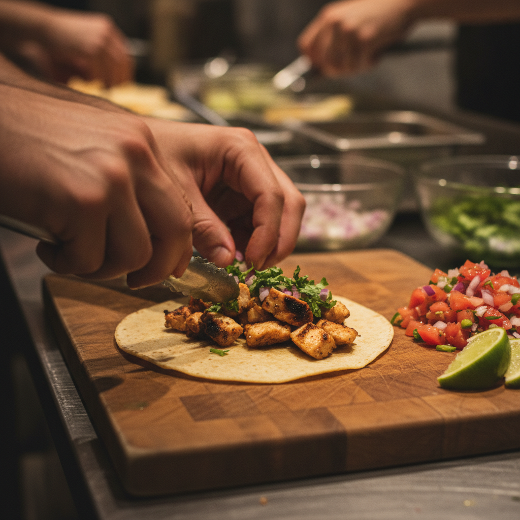 Close-up of a taco being assembled for Mexican office lunch catering with grilled chicken, cilantro, onions, and pico de gallo