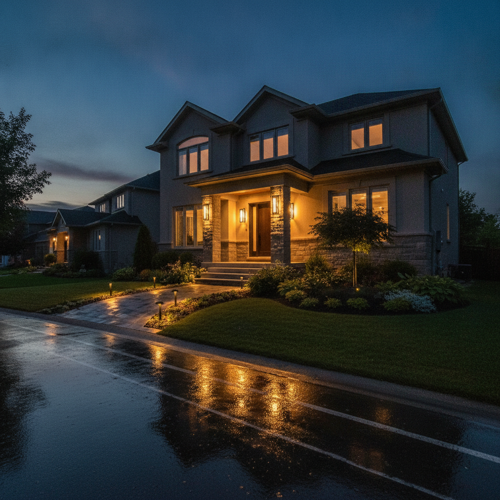 Dusk exterior of a Brampton home showing smart landscape path lights and porch lighting coordinated as part of a smart lighting system
