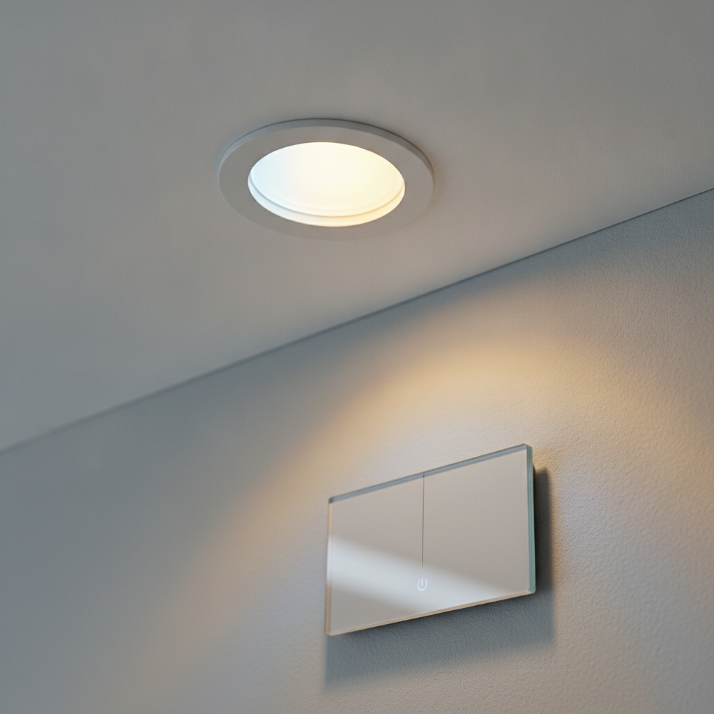 Close-up of smart dimmer and tunable LED downlight demonstrating how a smart lighting system controls brightness and color