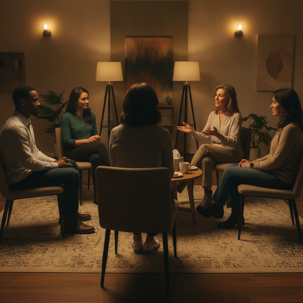 Group therapy circle supporting relapse prevention skills in an alcohol program across Ontario