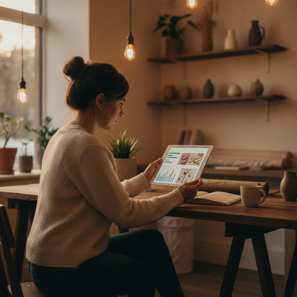 Small business owner reviewing AI-optimized website content and analytics on a tablet to guide publishing decisions