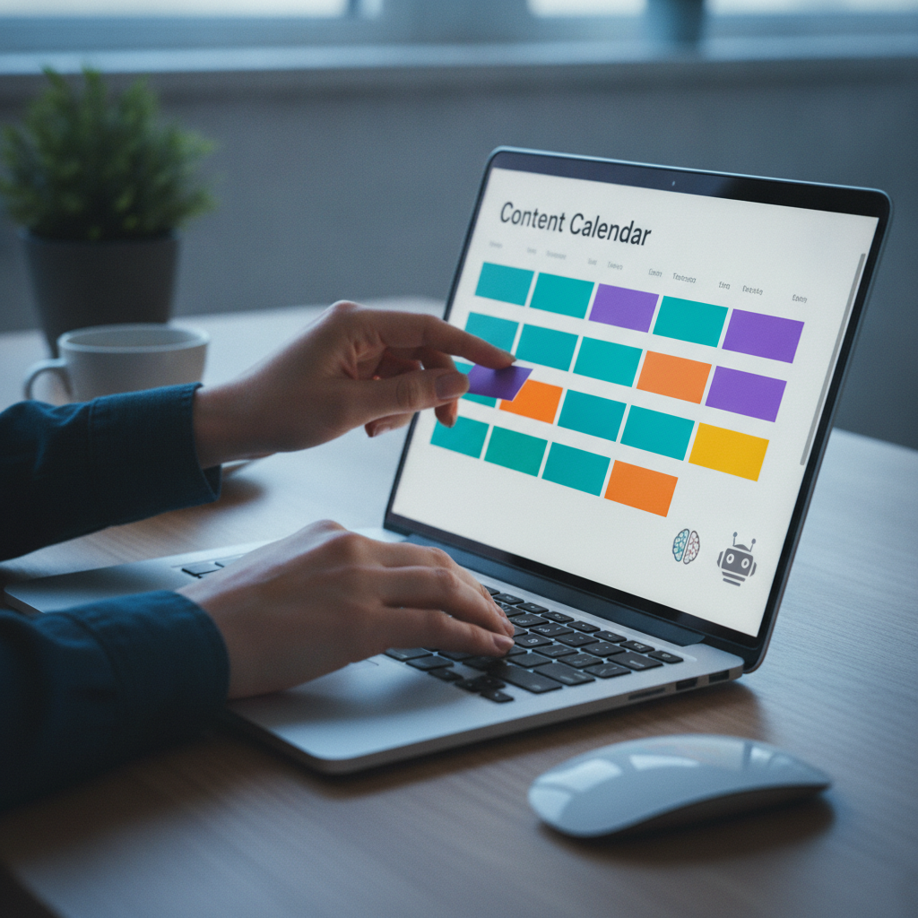 Close-up of an AI content calendar workflow showing automated scheduling blocks for SEO publishing