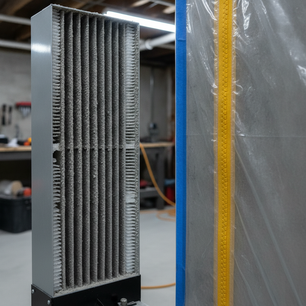 HEPA air scrubber and sealed containment zipper door used for basement mold remediation in Scarborough home