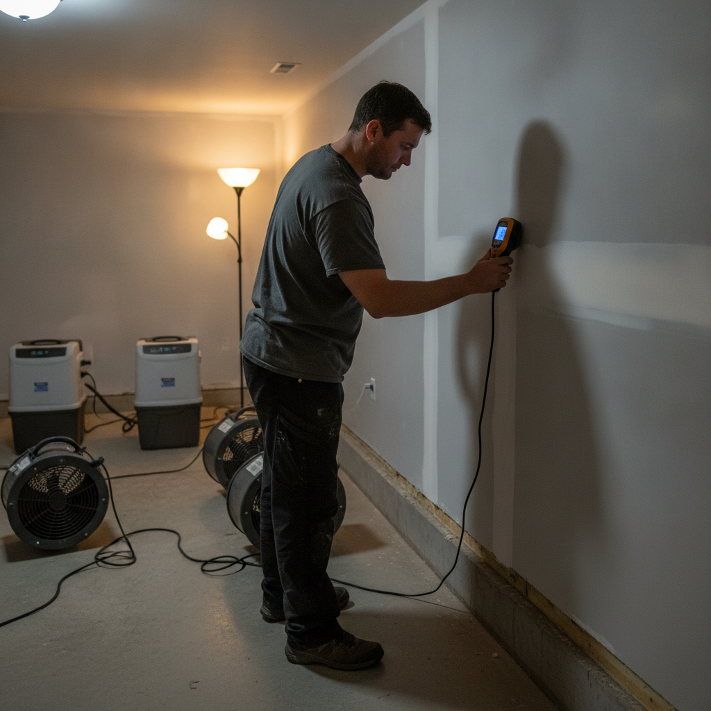 Technician using a moisture meter on a Scarborough basement wall to scope mold remediation accurately