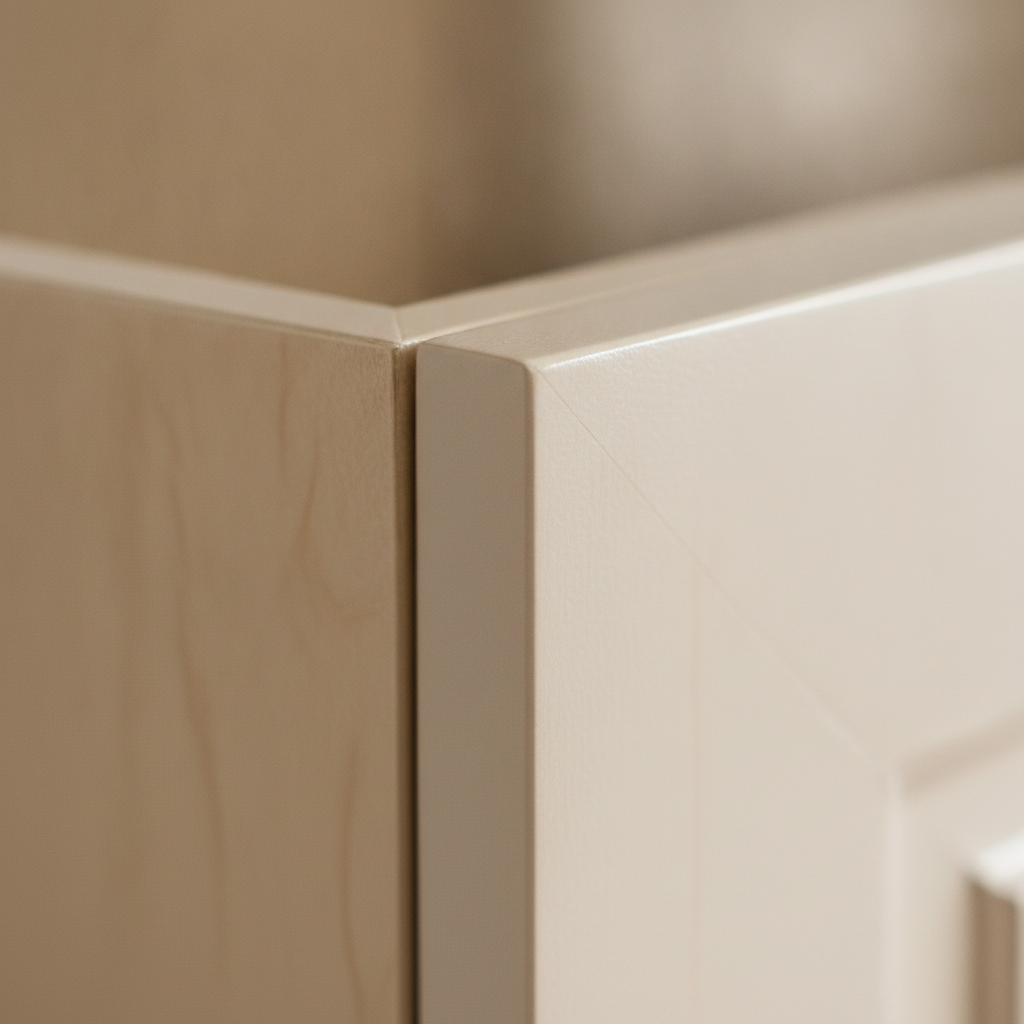 Close-up of a sprayed satin cabinet finish on maple wood showing smooth, durable film for Toronto kitchens