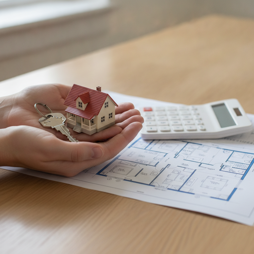 Close-up of keys, a small house model, calculator, and floor plan representing first-time home buyer budgeting and due diligence in Edmonton