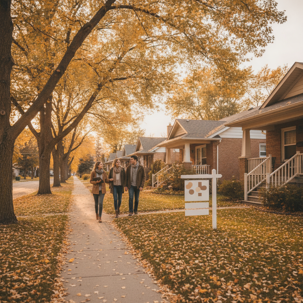 Edmonton neighbourhood street with detached homes and first-time buyers walking with a REALTOR towards an open house, illustrating local home search strategy