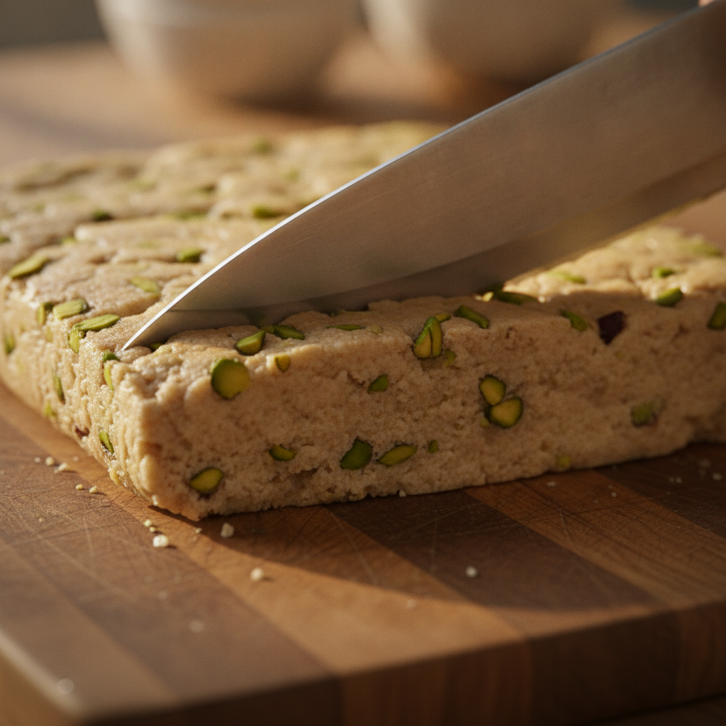 Close-up of pistachio barfi being sliced, showing authentic Indian mithai texture and desi ghee richness