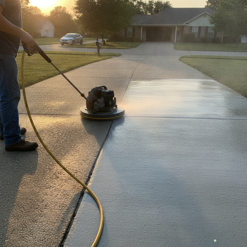 Driveway cleaning with a surface cleaner attachment; pressure washing services preparing concrete for driveway sealing