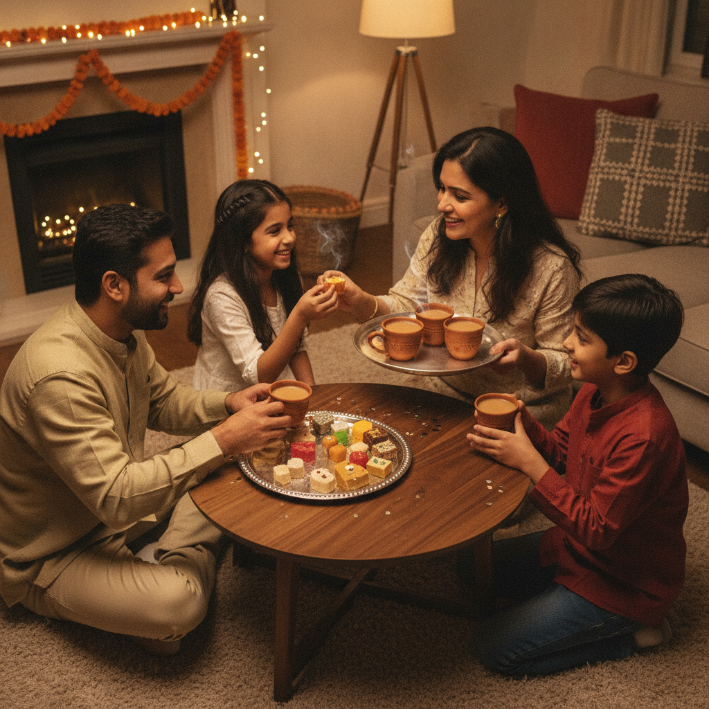 Family in Brampton sharing an Indian mithai platter with chai during a home celebration