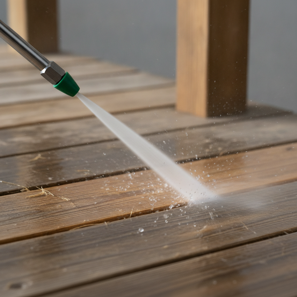 Close-up of power washing nozzle cleaning a wooden deck board; exterior power washing services prepping deck for sanding and staining