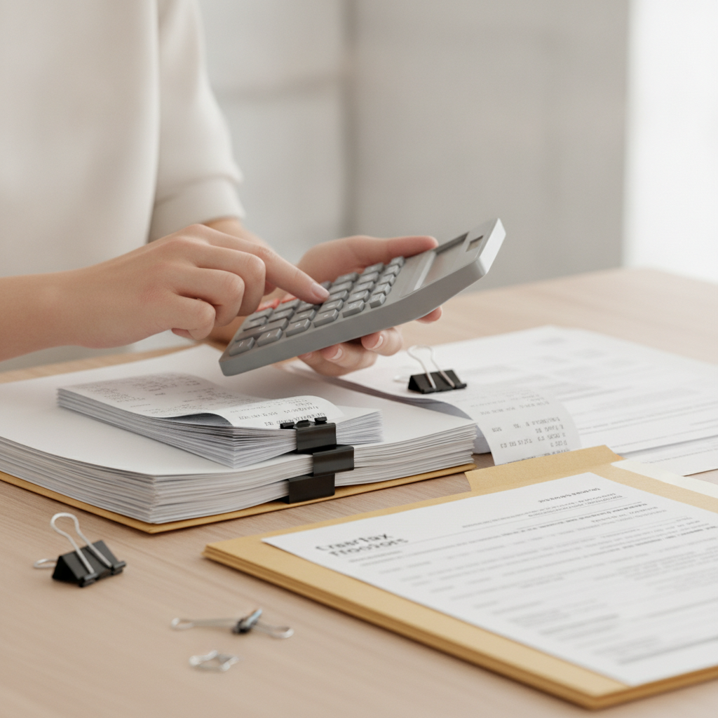 Close-up of tax accounting work: calculator, receipts, and organized tax documents for BAS and year-end in Parramatta