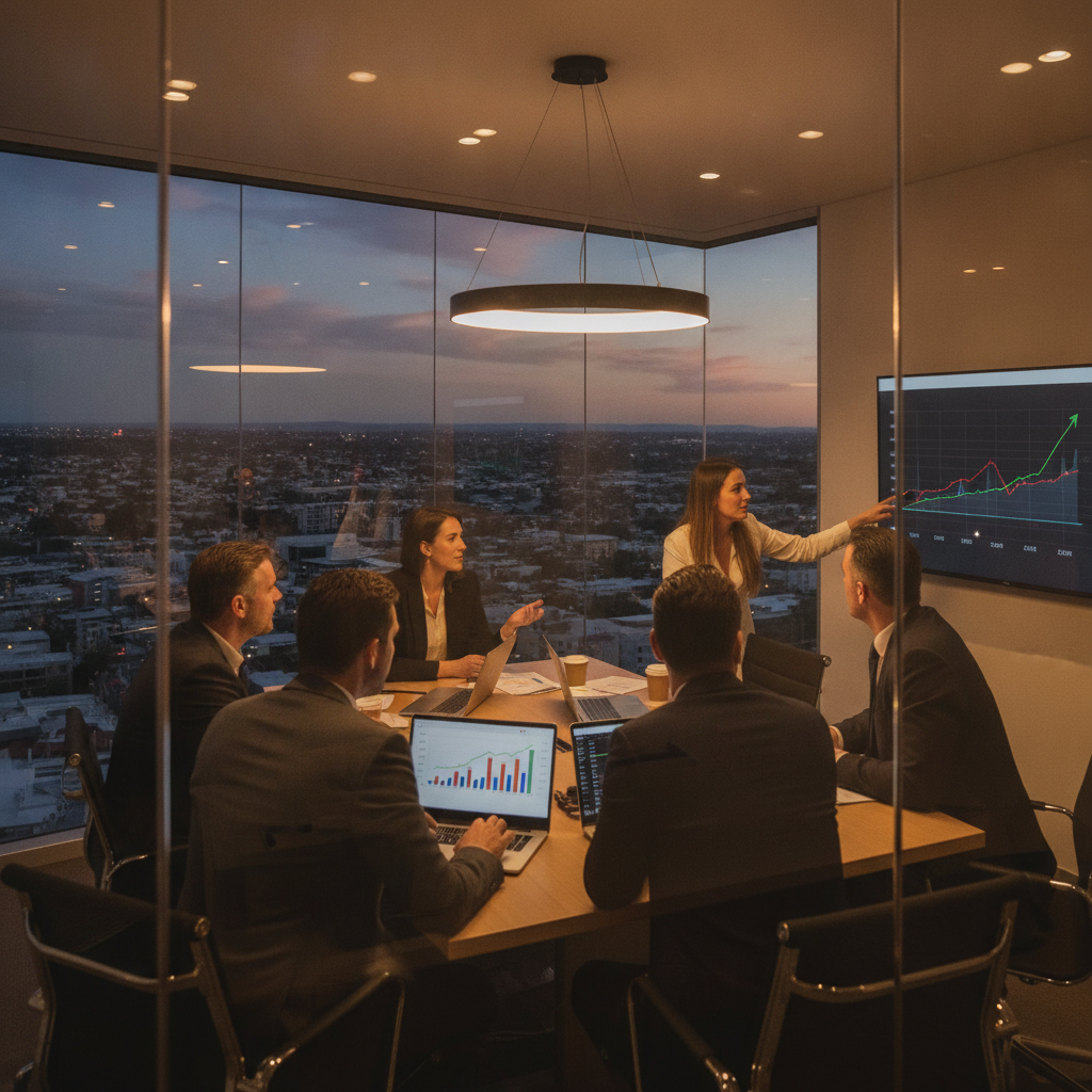 Team meeting in Parramatta reviewing tax accounting dashboards and BAS deadlines at dusk