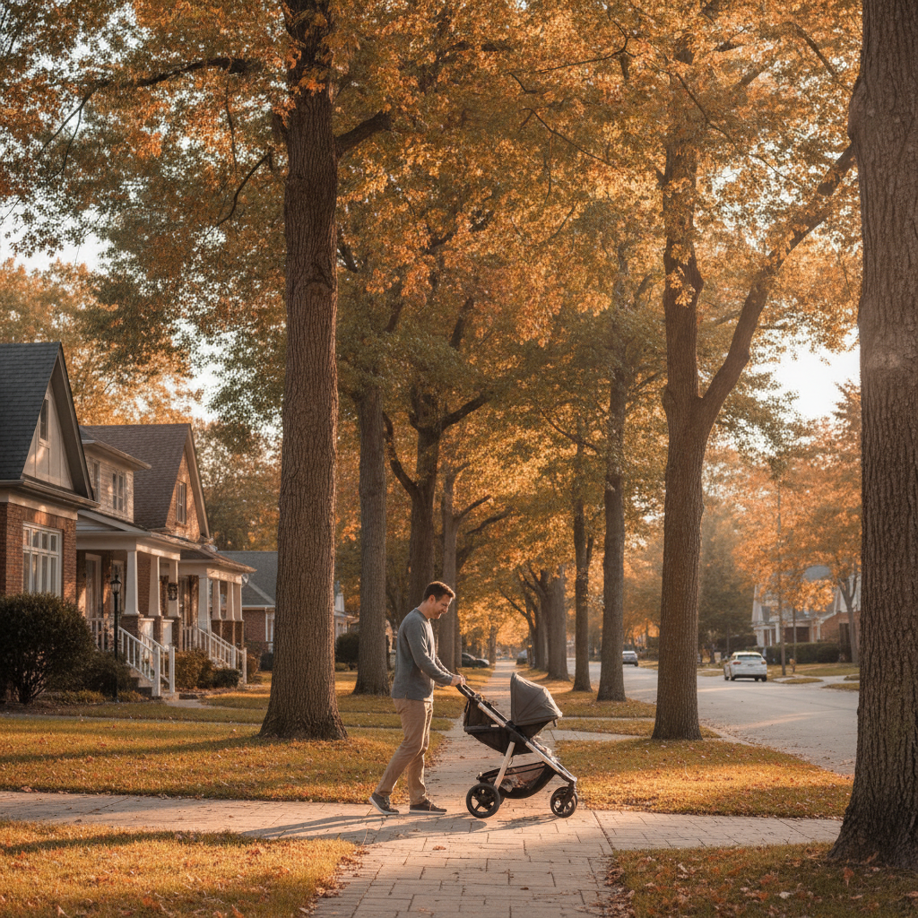 Whitby parent with stroller at golden hour, illustrating family life planning supported by a life insurance policy