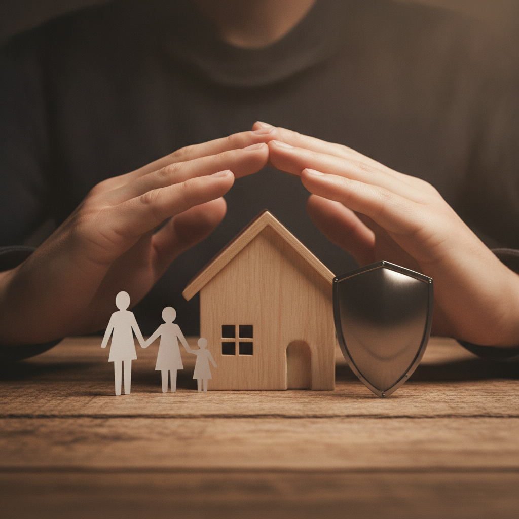 Close-up symbol of a life insurance policy protecting a Whitby family with a home and shield icon