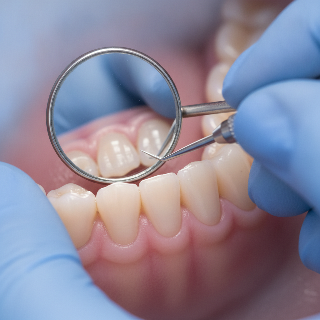 Close-up of dental mirror and explorer during a dental exam checking molars and gumline in a bright Scarborough clinic