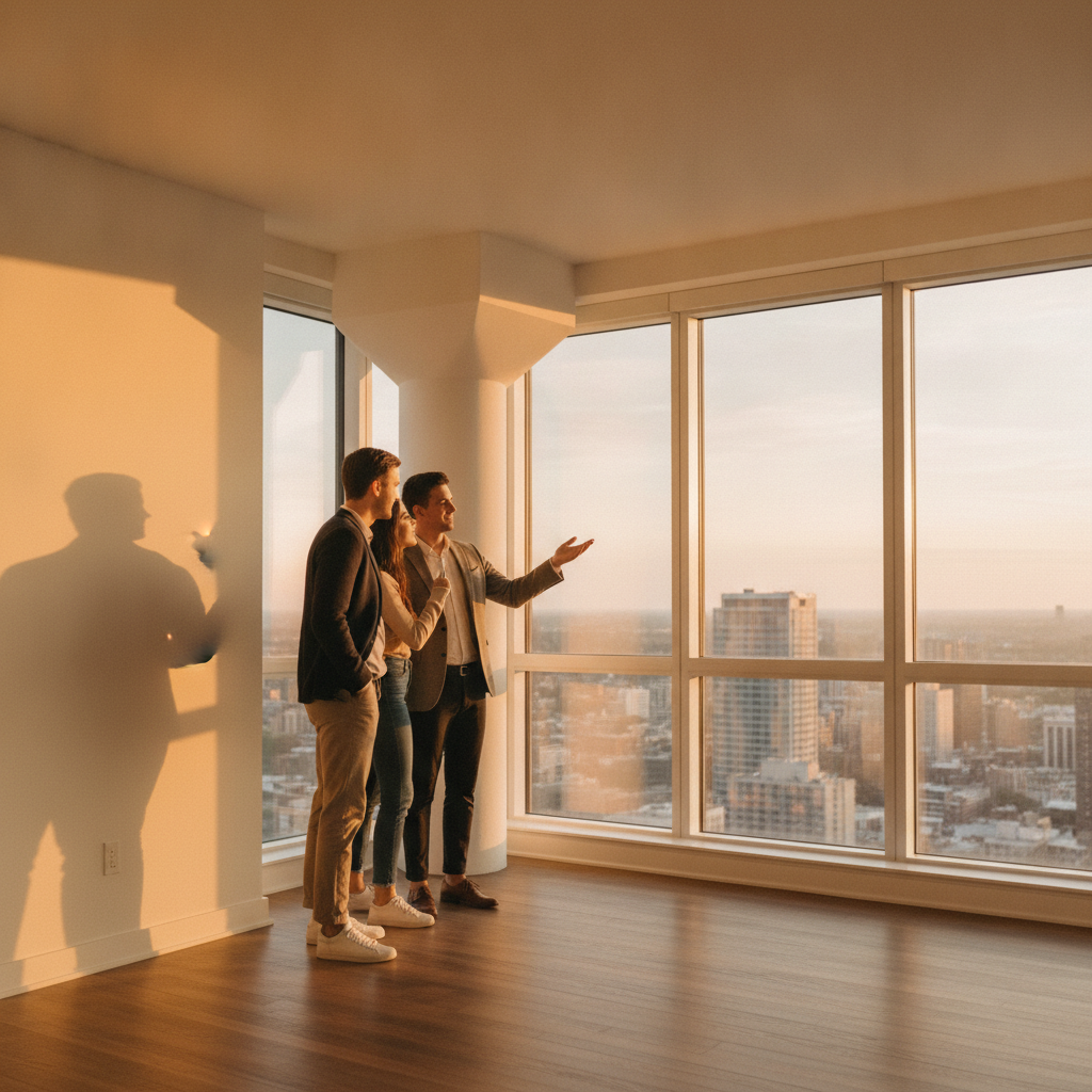 Couple touring an unfurnished apartment after finding it on a rental listing site