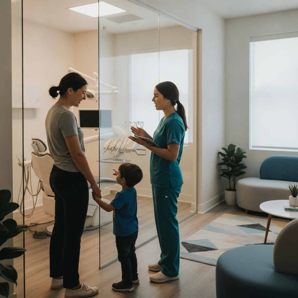 Family-friendly dental clinic scene in Scarborough with a parent and child speaking to a hygienist before a dental exam