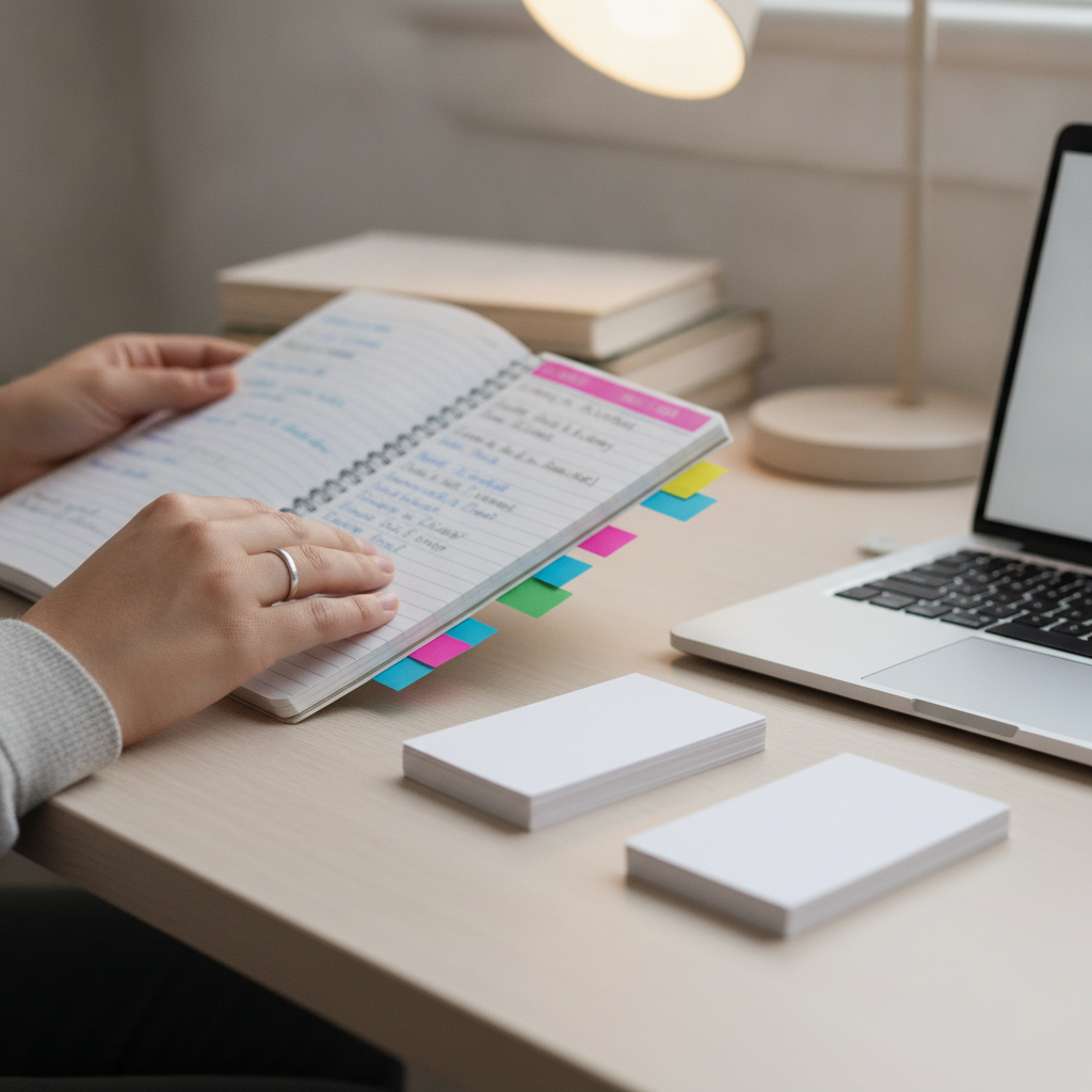Detail shot of CAPM weekend study setup with tabs and flashcards for CAPM weekend classes