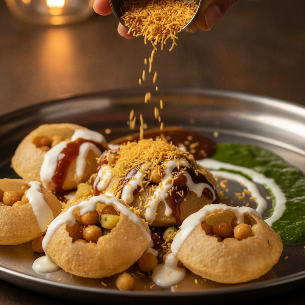 Close-up of Indian chaat assembly with puri, potatoes, chickpeas, yogurt, chutneys, and sev for a Cherry Hill catering menu checklist