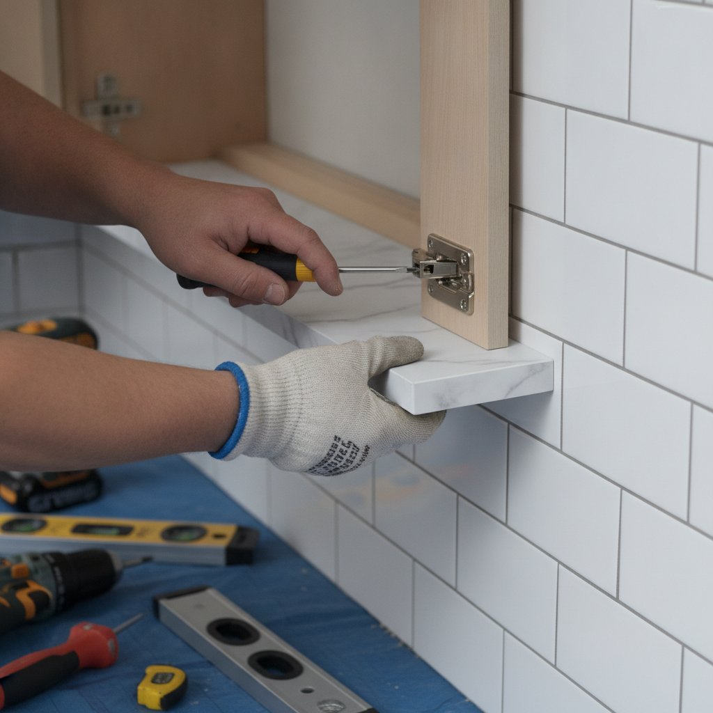 Close-up of hinge and countertop alignment during apartment kitchen turnover checklist work in London