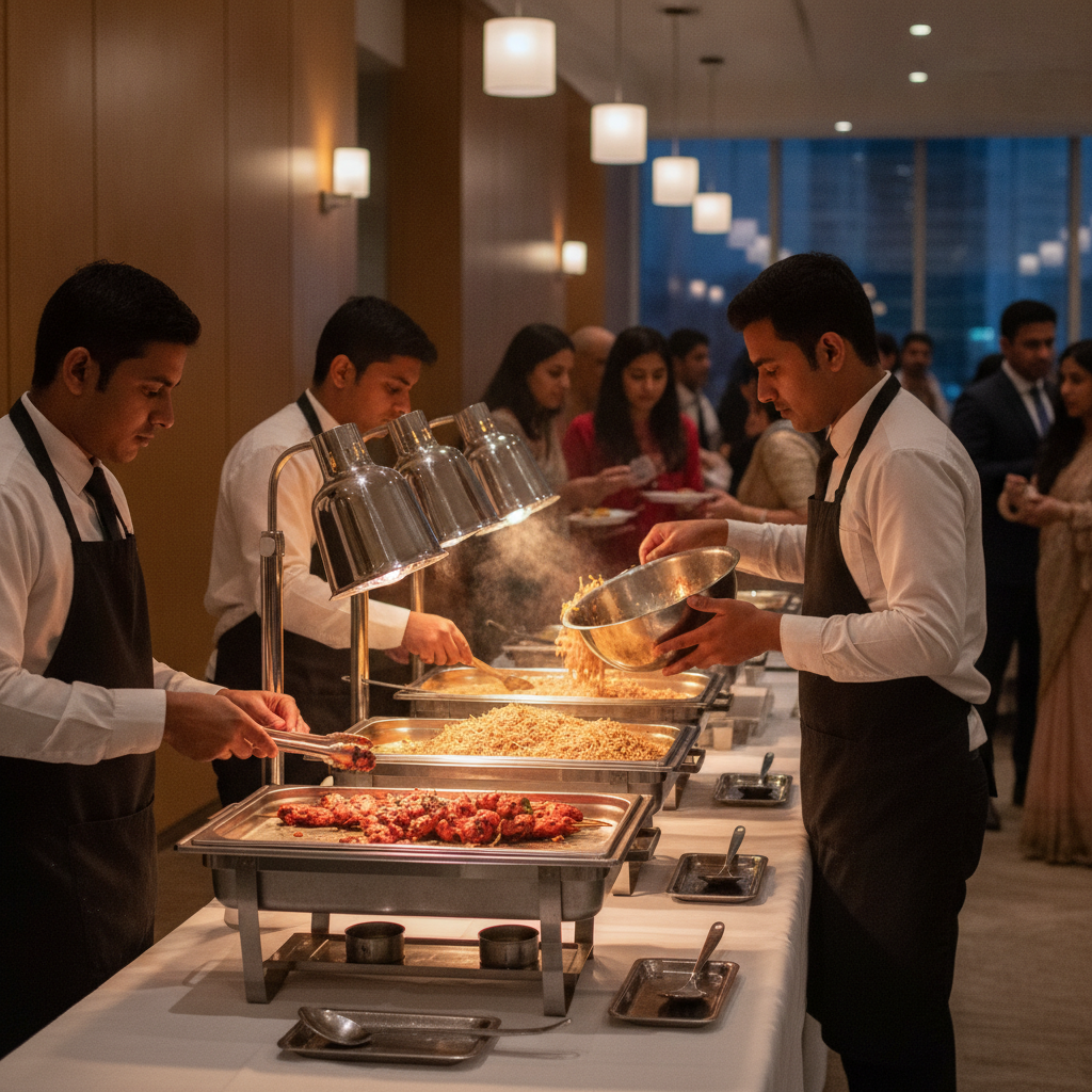 Side-angle scene of an Indian catering buffet being arranged with tandoori skewers and Hakka noodles for a Cherry Hill event