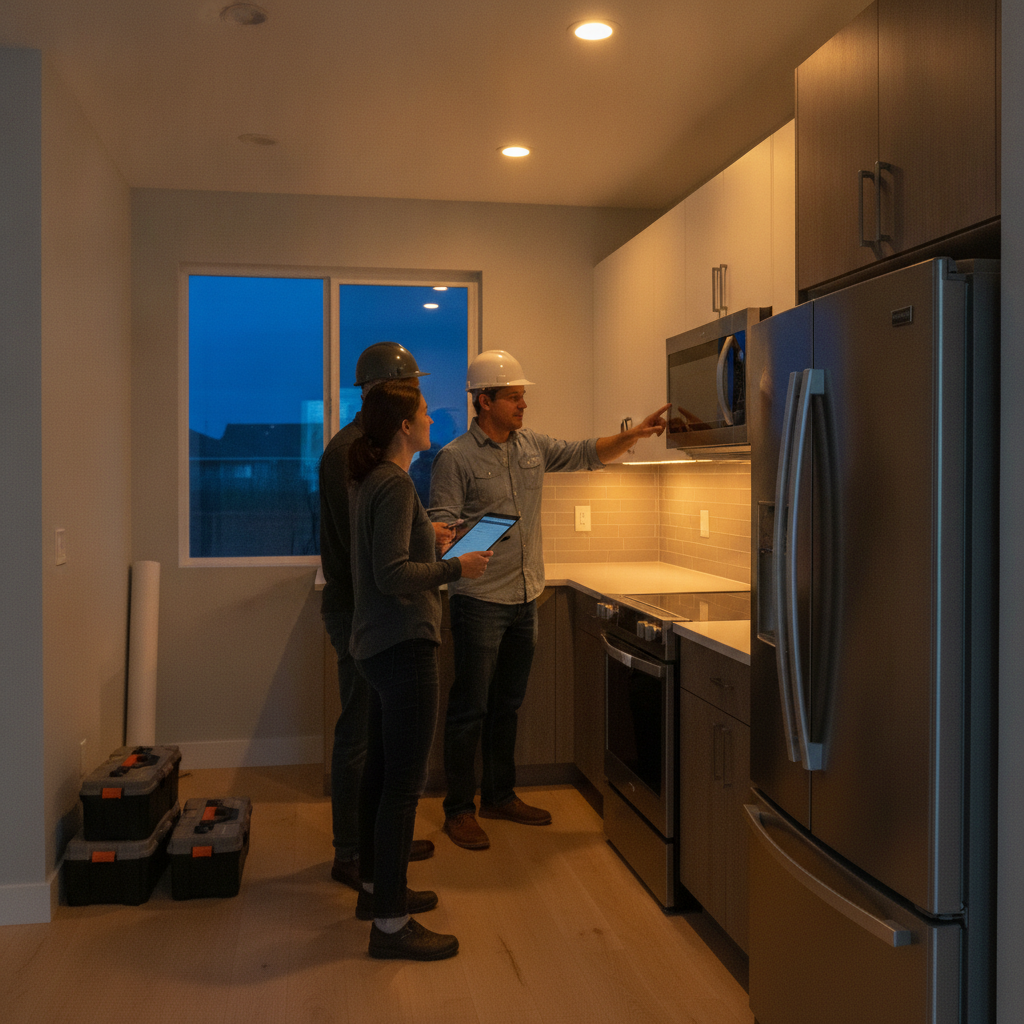 Crew using a digital kitchen turnover checklist in a finished London rental kitchen before handover
